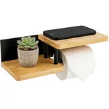 Toilettenpapierhalter mit Ablage Holz, Klorollenhalter ohne Bohren, aus Stahl & Bambus, Selbstklebend oder zum Bohren, Klopapierhalter für Badezimmer Küche Toilette, Naturholzfarbe