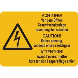 Warnschild, Gesamtschaltanlage spannungslos schalten (3-sprachig), Folie - ISO 7010 - 105x74 mm Folie selbstklebend