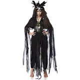 Damen Voodoo Priesterin Fantasy Kostüm Hexen Verkleidung aus Fetzencape, Leggings, Krone und Totenkopfkette Gürtel in schwarz Federkrone