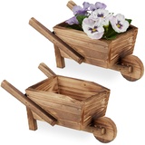 Relaxdays Pflanzschubkarre 2er Set, gebranntes Holz, Gartendeko, Vintage Design, zum Bepflanzen, HBT: 10x22x12 cm,