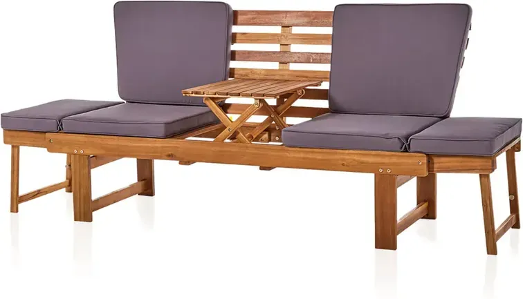 3-in-1 umwandelbare große Gartenbank (202 cm breit) aus FSC-zertifiziertem Massivakazienholz mit Kissen, 3-Sitzer Gartenbank, Garten- oder Balkonbank mit integriertem Tisch, platzsparende klappbare Gartenbank