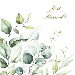 20 Servietten Papier 33x33cm 3-lagig hochwertige Einweg Papierservietten Eukalyptus Motiv und Just Married Schrift Hochzeitsservietten Motivservietten