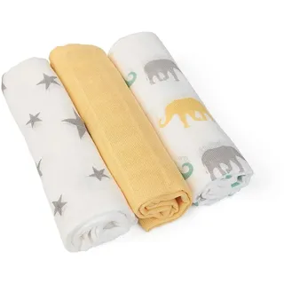 Grünspecht Naturprodukte Grünspecht Pflege-/Waschtücher 30x30cm aus 100% Baumwolle, Spucktücher, Waschlappen, ohne optische Aufheller, hautfreundlich & saugstark, 6 Stück, Mango, Sterne, Elefanten (1501-V2)