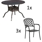 INKOSPOR Inko 4-teilige Sitzgruppe Aluminium Guss bronze Tisch Ø 106 cm mit 3 Sesseln - Bronze