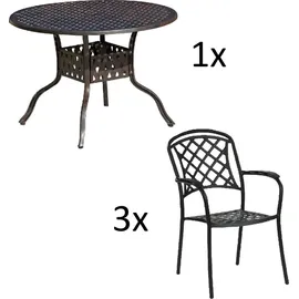 INKOSPOR Inko 4-teilige Sitzgruppe Aluminium Guss bronze Tisch Ø 106 cm mit 3 Sesseln - Bronze