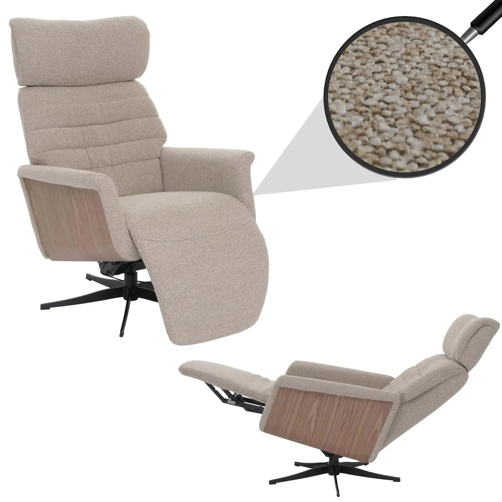 MCA Relaxsessel MCW-N56, Fernsehsessel Liegesessel Fußstütze drehbar Bouclé Stoff Holz ~ Stoff braun, Holz Walnuss-Optik