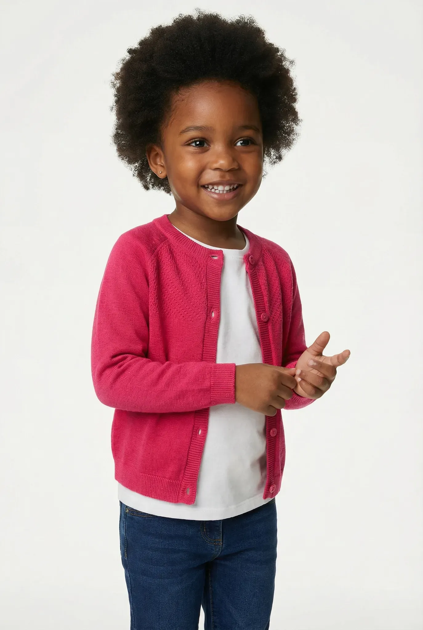 Strickjacke HAPPY GIRLS, Mädchen, Gr. 164, pink, Strick, Obermaterial: 100% Baumwolle, unifarben, regular fit hüftlang, Rundhals, Raglanärmel Strickbündchen, Strickjacken Strickjacke, mit hochwertigem Strickmuster im vorderen Brustbereich