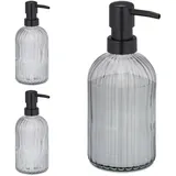 Relaxdays Glas Seifenspender, 3er Set, Pumpkopf, nachfüllbar, Badezimmer, Küche, Flüssigseifenspender, 400 ml, schwarz