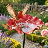 Vogeltränke & Bienentränke Blume aus Metall 60cm Gartenstecker mit U-Erdspieß Wetterfeste Insektentränke Rot, Wasserstelle für Vögel & Wildbienen Garten-Deko für Draußen 2026