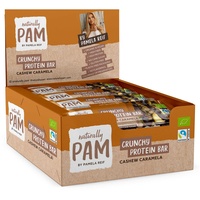 Naturally Pam Crunchy Protein Bar - Bio & vegan Proteinriegel Snack | 7,6g Protein & 134kcal pro Riegel | High Protein Eiweißriegel ohne Palmöl – 12x30g Cashew Caramela
