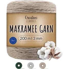 Creative Deco 200m Dunkel-Beige Makramee Garn 3mm | 656 Fuß | 15-lagig Schnur | Baumwollgarn Baumwoll Kordel Große Rolle Naturliche Stark | Macrame Cord 3mm für Basteln, DIY, Handwerk & Boho Deko