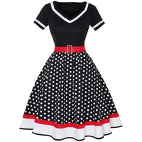 WEITING Damen Vintage-Partykleid mit Gürtel, Gepunkteter Print, kurzärmelig, Hepburn-Robe, Pin-Up-Rockabilly-Kleider, Schwarz, L
