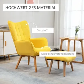 Homcom Ohrensessel Cord 80 x 99 x 80 cm Gelb mit Hocker