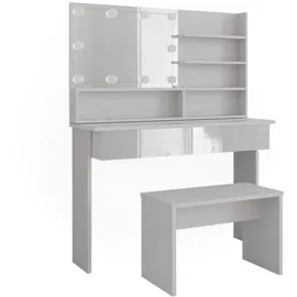 Vicco Schminktisch Azur Weiß/Weiß Hochglanz, 120 cm mit Spiegelregal, Bank & LED-Beleuchtung