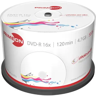 PrimeOn DVD-R 4.7GB/120Min/16x Cakebox, photo-on-disc, Inkjet Full Size Printable Surface 50