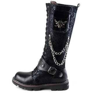 DJFOG Herren-Westernstiefel, mittelalterliche Piratenstiefel, Motorradstiefel im Punk-Stil, Militär-Kampfstiefel, Schnürstiefel mit Metallkette, Retro-Gothic-Stiefel,Schwarz,44 EU - 44 EU