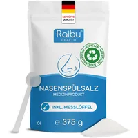 Raibu Nasenspülsalz für Nasendusche, 375g in Nachhaltige Verpackung. Dosierlöffel, Veganes Nasensalz, Deutsche Produktion, Salz für Nasenspülung, 150 Portionen