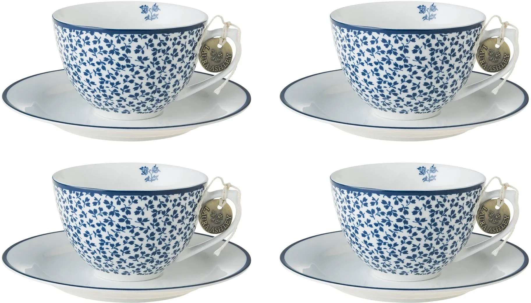 Cappuccinotasse "Floris", blau (blau, weiß), B:9,5cm H:7,1cm Ø:9,5cm, Porzellan, LAURA ASHLEY BLUEPRINT COLLECTABLES, Trinkgefäße, 4 Tassen, 4 Untertassen