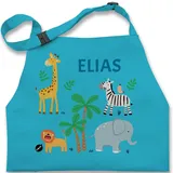 Kinderschürze Schürze Kinder Jungen Mädchen - Safari Tiere Zootiere Zoo Giraffe Zebra Löwe Elefant - 2-6 Jahre - Türkis - kochschürze junge tier backschürze kinderkochschürzen tieren - 2-6 Jahre