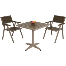 2er-Set Gartenstuhl+Gartentisch MCW-J95, Stuhl Tisch, Gastro Outdoor-Beschichtung, Alu Holzoptik ~ champagner, grau