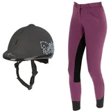 Covalliero Helm Reithelm Beauty VG1 Schwarz, 52-55 cm & Reithose Economic, Vollbesatz Kinderreithose, Brombeer, 134