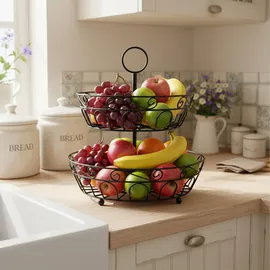 Relaxdays Obst Etagere, 2-stöckig, Metall, HxD: 30 x 31 cm, Obst, Gemüse, mit Griff, runde Obstschale, Obstkorb, schwarz