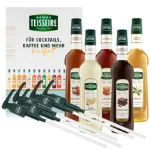 mathieu teisseire Teisseire Kaffee Sirup Set – 5x Kaffeesirup 0,7 l & 5 Dosierpumpen - Karamell, Vanille, Schokolade, Haselnuss, Weisse Schokolade