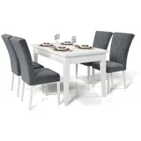 Deine Möbel 24 Essgruppe DAKOTA Weiß matt Beige Grau Hellgrau Graphit 120 140 170 cm, (Set, 7-tlg., Esszimmer Set ausziehbar PREMIUM), Laminat Buchenholz Tisch Esstisch 4 Stühle 6 Stühle grau