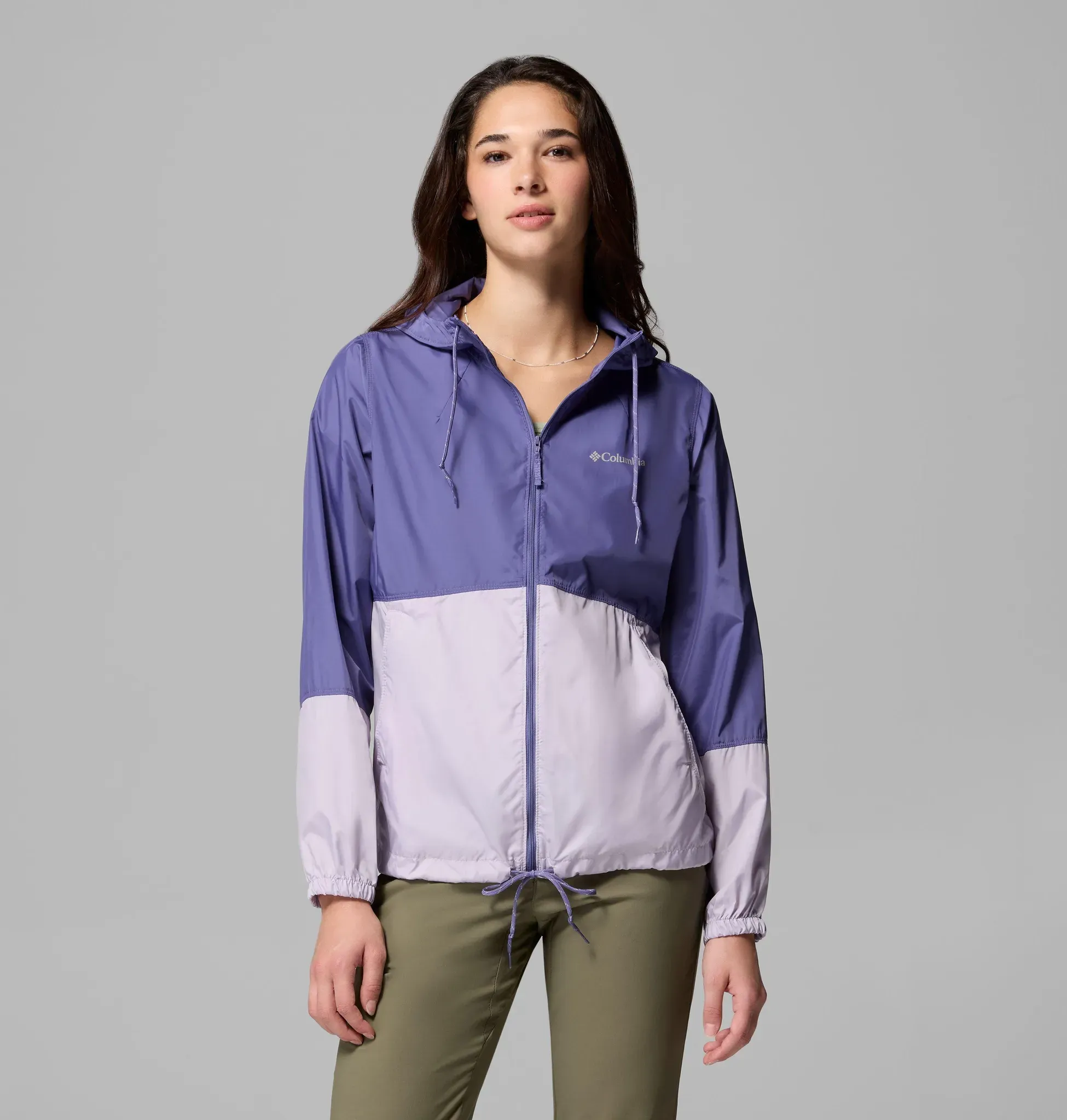 Windbreaker COLUMBIA, Damen, Gr. L (42/44), lila (stormwatch, lavender pearl), Web, Obermaterial: 100% Polyester, mehrfarbig, Basic hüftbedeckend, elastischer Bund, Jacken Windbreaker, für Wandern, Trekking und Laufen, mit Kapuze und Kordelzug