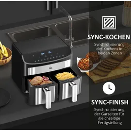 Homcom Heißluftfritteuse 8L Fritteuse mit Doppelkammer, Airfryer mit 10 Programmen, 2400 W Luftfritteuse mit Touchscreen, Rezeptur, ohne Öl, Schwarz - Schwarz