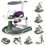 FANTASK 7 in 1 Lauflernhilfe mit abnehmbarem Verdeck, Lauflernwagen höhenverstellbar mit Spielboard, Musik, Licht & Rädern, Gehfrei mit einstellbarer Geschwindigkeit für Baby ab 6 Monaten (Grün)