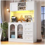 Odikalo Küchenbuffet Küchenschrank Buffetschrank mit LED-Lichtleiste & Getränkehaltern (120x40x188cm, Landhausstil, 4 Türen, Schwarz/Weiß) weiß