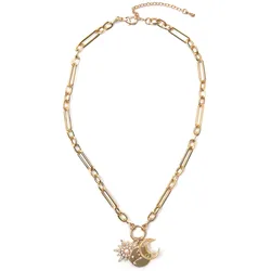 Kette mit Anhänger FIRETTI "Halsschmuck Gliederkette Sonne, Mond, Sterne", gold (gelbgoldfarben, kristallweiß, weiß), Halsketten, Damen, Metall-Perlen, L: 64cm B: 1mm, Metall, Perlen, mit Glasstein - mit Acrylperle, B:1mm