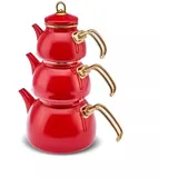 KARACA Retro Emaille Teekannen- Set, Rot, Induktionsgeeignet,Türkische Caydanlik