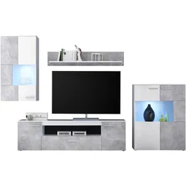 Die Möbelfundgrube Wohnwand weiß), - Betonoptik 290 cm", Mit LED-Beleuchtung - VULCAN