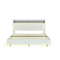 Merax Polsterbett 160*200, mit USB-Steckdose und LED-Licht, verstecktes Fußdesign, Doppelflachbett, Leinenstoff beige