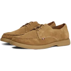Schnürschuh TOMMY HILFIGER "TOMMY HILFIGER SUEDE MOC T DERBY", Herren, Gr. 46, braun (hellbraun), Veloursleder, unifarben, Basic, Schuhe, Schnürschuh, Halbschuh, Businesschuh mit Mokassin-Naht