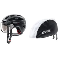 uvex Finale Visor - sicherer City-Helm mit Visier - inkl. LED-Licht - Black matt - 52-57 cm & rain Cap Bike Fahrradmütze - Wind- & wasserabweisend - Flexible Passform - Black White - L/XL