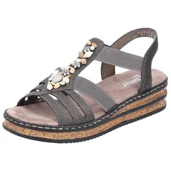 Riemchensandale RIEKER, Damen, Gr. 41, grau, Lederimitat, feminin, Schuhe, Sommerschuh, Sandalette, Keilabsatz, mit Schmucksteinen besetzt