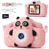 FIVAVA Kinderkamera,1080P Kinder Kamera 2.0”Display Digitalkamera Kinder mit 32GB Karte,Kinderspielzeug ab 3 Jahre,Fotoapparat Kinder Rosa Bär