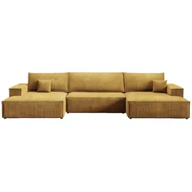 bromarkt Ecksofa PABLO U-Form mit Schlaffunktion, Beige, Cord Wohnlandschaft mit Bettkasten - 4 Stk - POSO 01 - Gelb