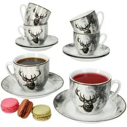 6er Set Alois Kaffeetassen mit Untertassen 6 Personen Porzellan Tee Kakao Hirsch