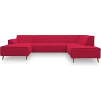 DOMO. collection Wohnlandschaft Jules FK, skandinavisches Sofa mit Federkern, Couch in U-Form mit Holzfüßen, 333 x 191 x 81 cm (BxTxH), Longchair links, rot