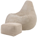 I.C.O.N. Icon Sitzsack „Dalton“ mit Hocker, Beige, Cord, Groß, Sitzsäcke für das Wohnzimmer, Schlafzimmer, Sitzsack-Sessel für Erwachsene