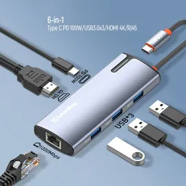 Colorway USB-C Dockingstation 6-in-1, 6-in-1 Usb Hub, 100W PD, 3X USB 3.0, 4K HDMI, RJ45 Ethernet, Grau