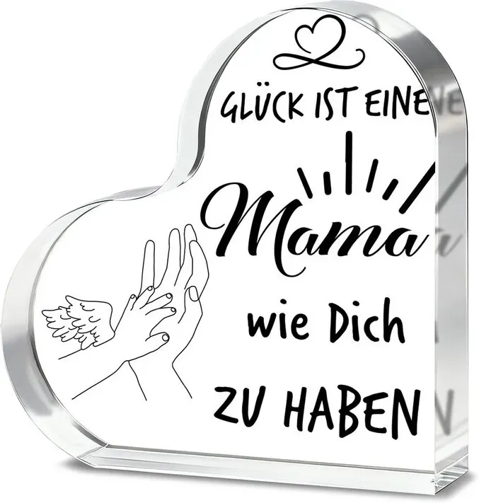 Alphynix 1 Stück Acryl‐Herz‐Plakette, „Glück ist eine Mama wie dich zu haben“, Muttergeschenk mit Engelsflügel‐Handmotiv, emotionales Geschenk für Mama