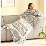 Wolldecke XXL Kuscheldecke mit Ärmeln, 145x195 cm, Wohndecke Unisex, kamelshopping, mit Kängurutasche, waschbar grau