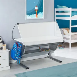 CARO-Möbel Kinderschreibtisch Sari höhenverstellbar in weiß/alu, Schreibtisch für Kinder neigbar mit Rille für Stifte, Schülerschreibtisch mit Ablage und... Rucksackhalterung