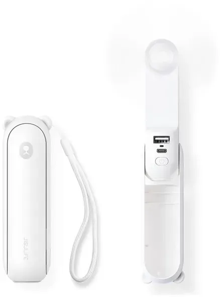 Handheld Fan Life8 Mini Portable USB Fan with 2000mAh Power Bank and Flashlight - White - 2000 mAh