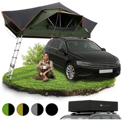 Juskys Autodachzelt Lago 140 x 240 cm - LED-Beleuchtung & Leiter - Schwarz / Olivgrün